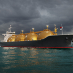 3D rendering of LNG tanker ship sailing in ocean during night. Computer generated image of a gas tanker in the sea.