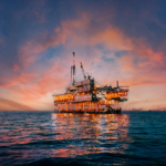 Vibrant Sunset Sky Behind an Offshore Oil Drilling Rig off the Coast of Orange County, California